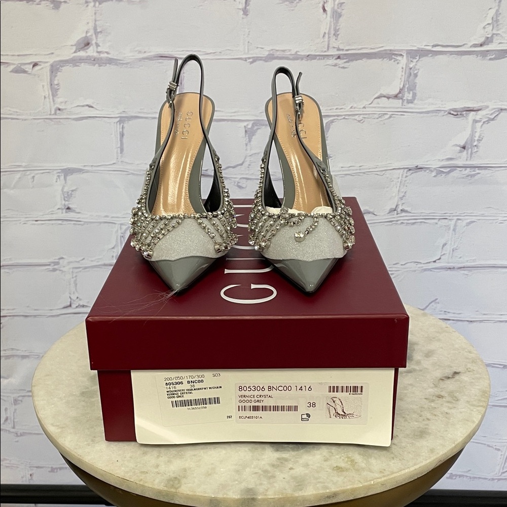 Gucci Silver Crystal Embellished Slingback Pumps